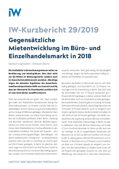 Gegensätzliche Mietentwicklung im Büro- und Einzelhandelsmarkt in 2018