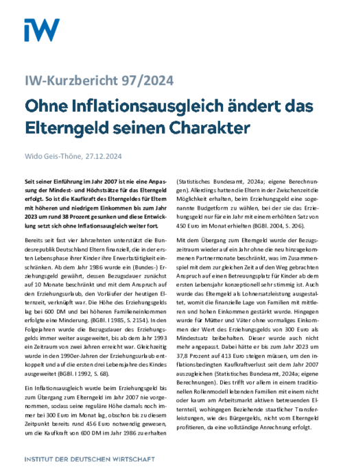 Ohne Inflationsausgleich ändert das Elterngeld seinen Charakter
