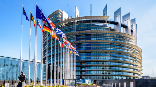Strasbourg, France - September 13, 2019: Entrance of the Louise Weiss building, inaugurated in 1999, the official seat of the European Parliament which houses the hemicycle for plenary sessions.