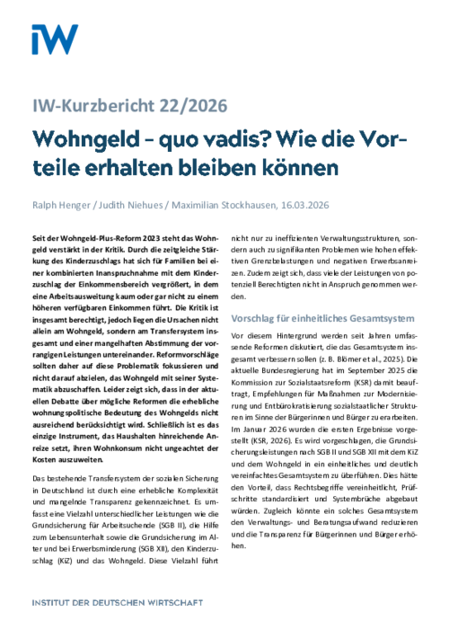 Wohngeld - quo vadis? Wie die Vorteile erhalten bleiben können