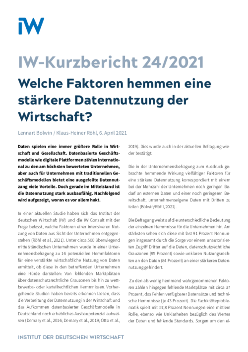 Welche Faktoren hemmen eine stärkere Datennutzung der Wirtschaft?