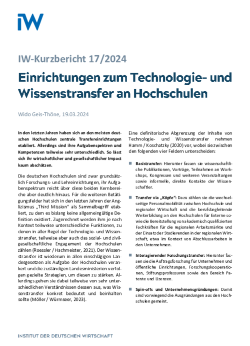 Einrichtungen zum Technologie- und Wissenstransfer an Hochschulen