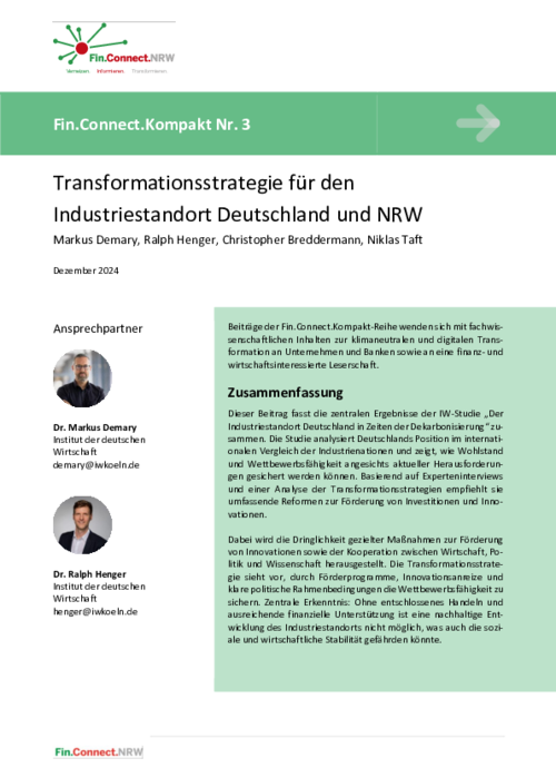 Fin.Connect.NRW Kompakt Nr. 3: Transformationsstrategie für den Industriestandort Deutschland und NRW