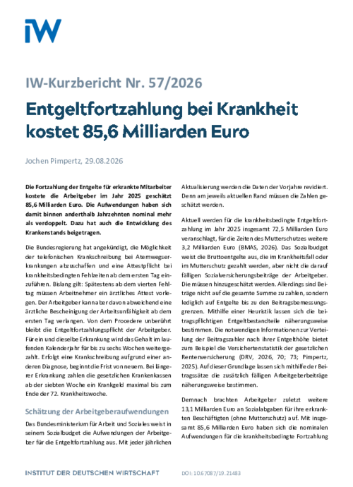 Entgeltfortzahlung bei Krankheit kostet 85,6 Milliarden Euro