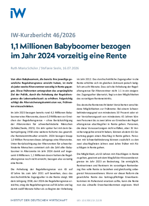 1,1 Millionen Babyboomer bezogen im Jahr 2024 vorzeitig eine Rente
