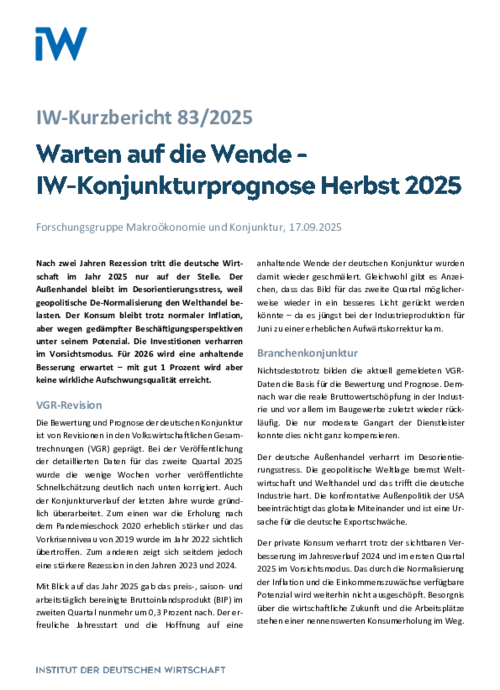 IW-Konjunkturprognose Herbst 2025: Warten auf die Wende