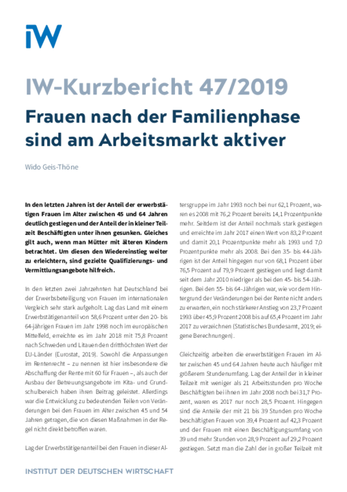 Frauen sind nach der Familienphase am Arbeitsmarkt aktiver