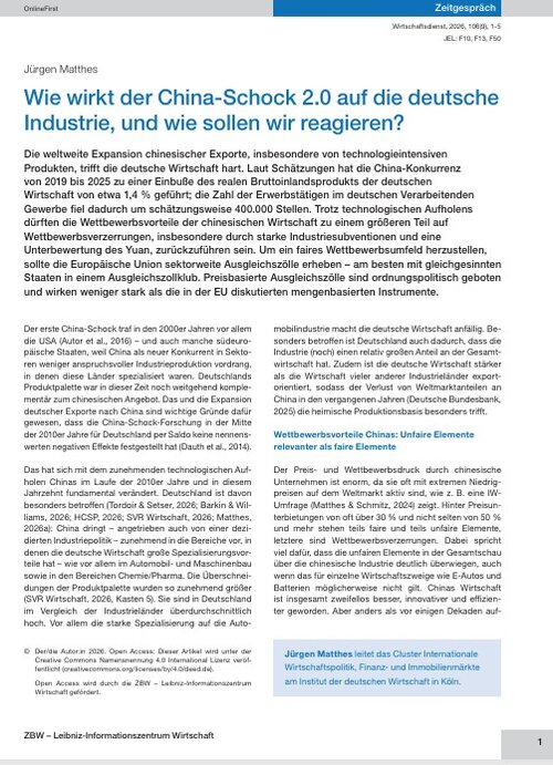 Wie wirkt der China-Schock 2.0 auf die deutsche Industrie, und wie sollen wir reagieren?