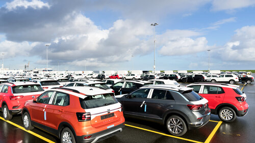 Cuxhaven, Germany - October 28, 2019: new Volkswagen T-Cross cars for export at seaport terminal