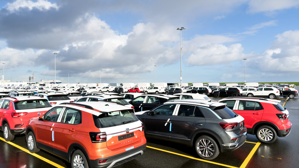 Cuxhaven, Germany - October 28, 2019: new Volkswagen T-Cross cars for export at seaport terminal Cuxhaven, Germany - October 28, 2019: new Volkswagen T-Cross cars for export at seaport terminal