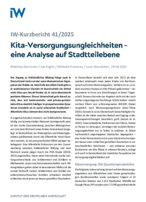 Kita-Versorgungsungleichheiten – eine Analyse auf Stadtteilebene