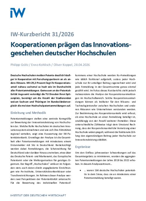 Kooperationen prägen das Innovationsgeschehen deutscher Hochschulen