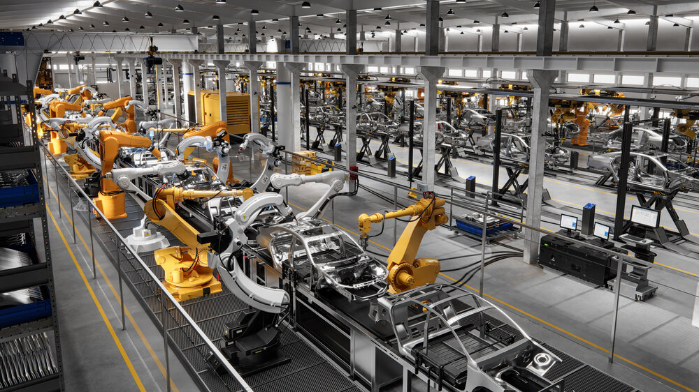 High angle view of cars on production line in factory. Many robottic arms doing welding on car metal body in manufacturing plant. Image in 3D render.